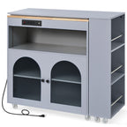 K&K Rolling Kitchen Island With Extended Table, Kitchen Island on Wheels with LED Lights,Power Outlets and 2 Fluted Glass Doors, Kitchen Island with a Storage Compartment and Side 3 Open Shelves, Grey - Grand Goldman Shop
