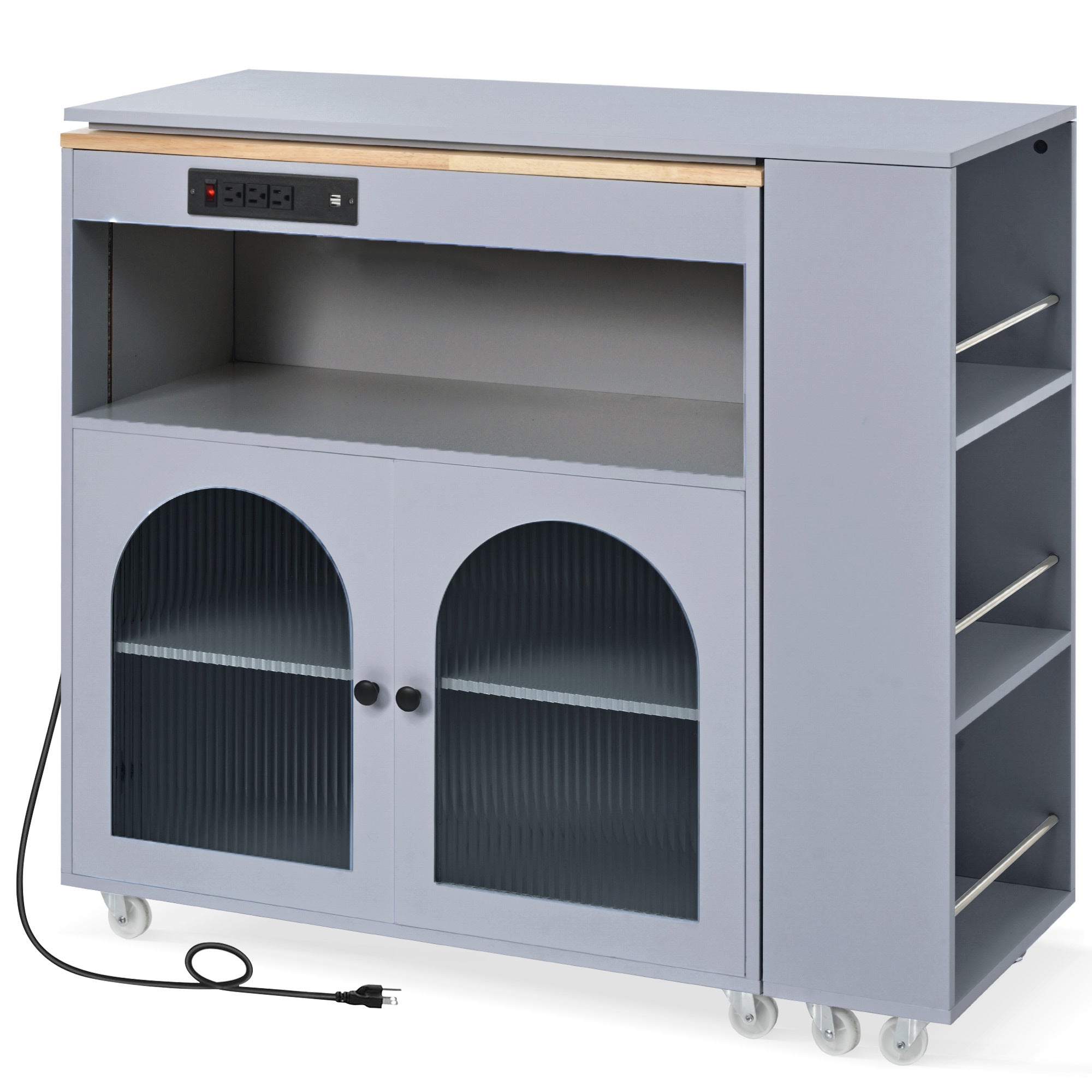 K&K Rolling Kitchen Island With Extended Table, Kitchen Island on Wheels with LED Lights,Power Outlets and 2 Fluted Glass Doors, Kitchen Island with a Storage Compartment and Side 3 Open Shelves, Grey - Grand Goldman Shop