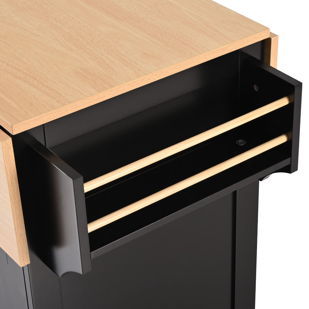 K&K 55.7'' Large Kitchen Island with 2 Drop Leaf,, Rolling Kitchen Cart on 5 Wheels with Power Outlet, Folding Storage Dining Table with Spice & Towel Rack , 3 Drawers, for Kitchen, Dining Room,Black - Grand Goldman Shop