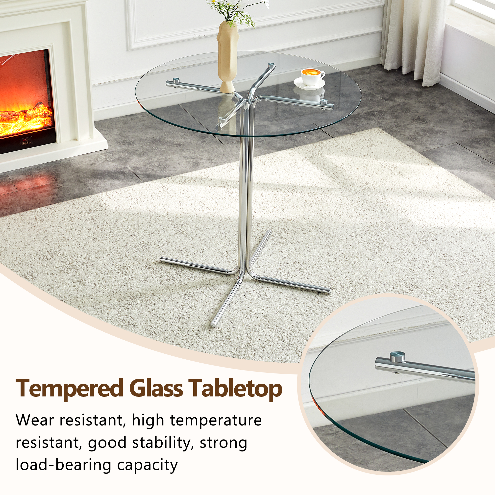 Round glass bar high table, 36 inch round bar table, tempered glass tabletop, sturdy silver chrome plated four column support, suitable for transparent round bar tables in small spaces, kitchens - Grand Goldman Shop