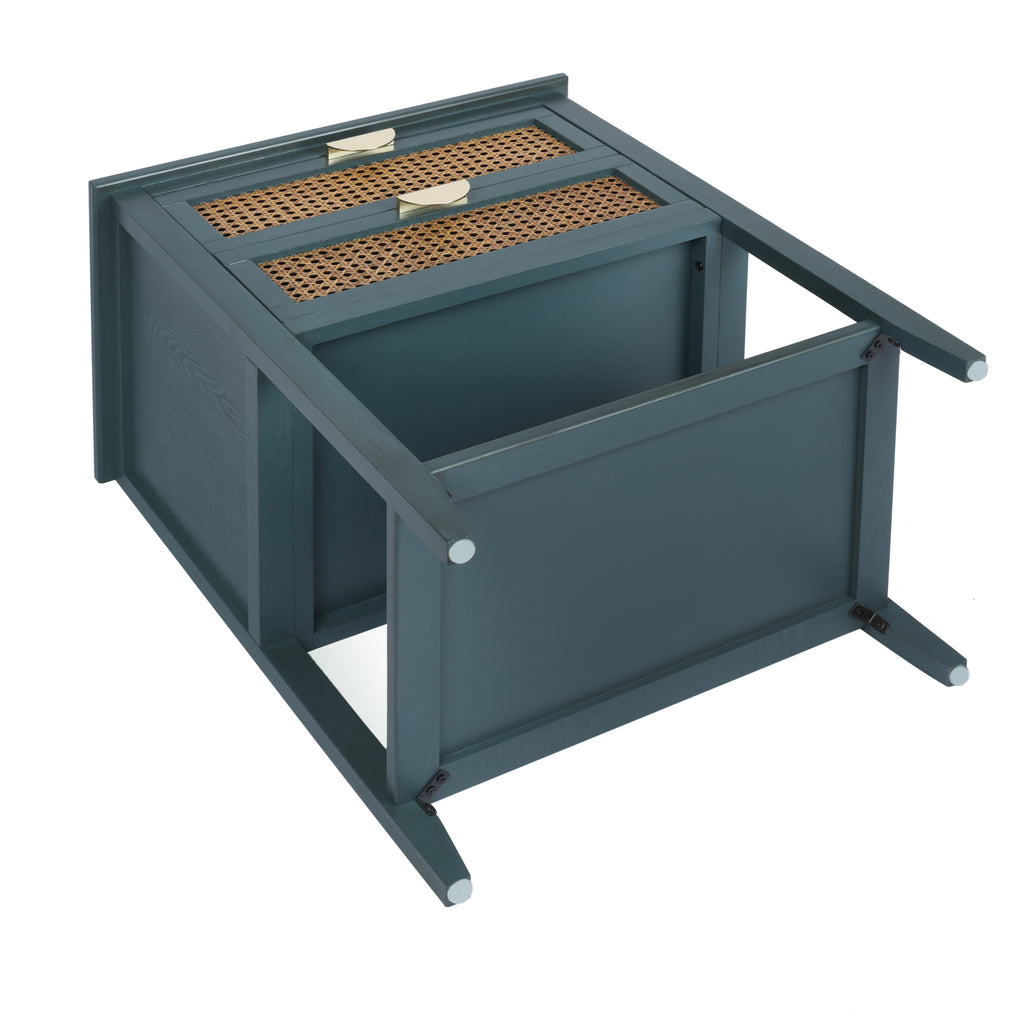 2-Drawer Side Table - Natural Rattan - End Table - Suitable for Bedroom, Living Room, or Study - Green MDF - Grand Goldman Shop