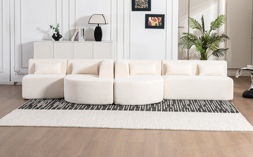 Modern Upholstered L-Shape Sofa with Chaise Lounge and Back Pillows, Beige Boucle Fabric, 144 inches - Grand Goldman Shop