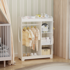 Kids Dress Up Storage with Mirror and Hooks, Wooden Dress Up Clothes Rack with Hanging Rod, 3 Side Hooks, Storage Shelves and