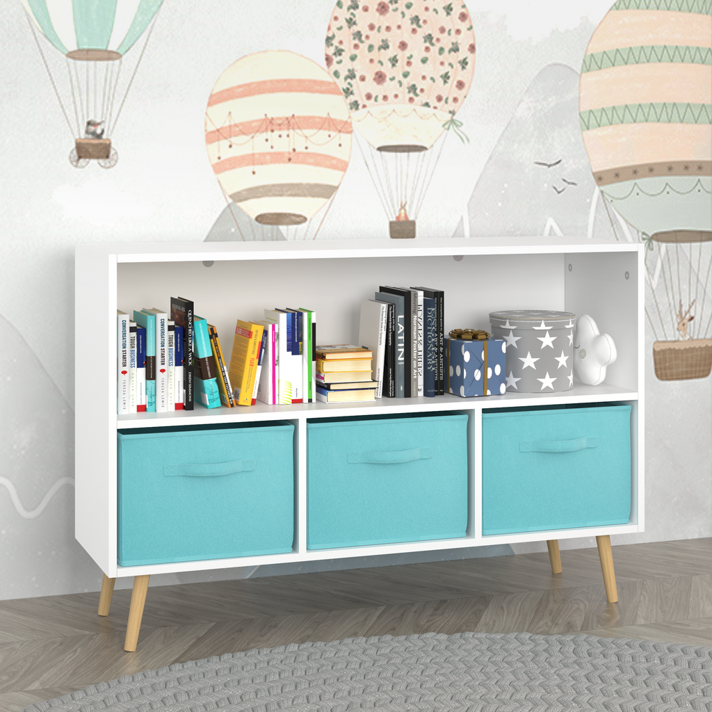 Kids bookcase with Collapsible Fabric Drawers, Children's Book Display, Toy Storage Cabinet Organizer, White/Blue - Grand Gol