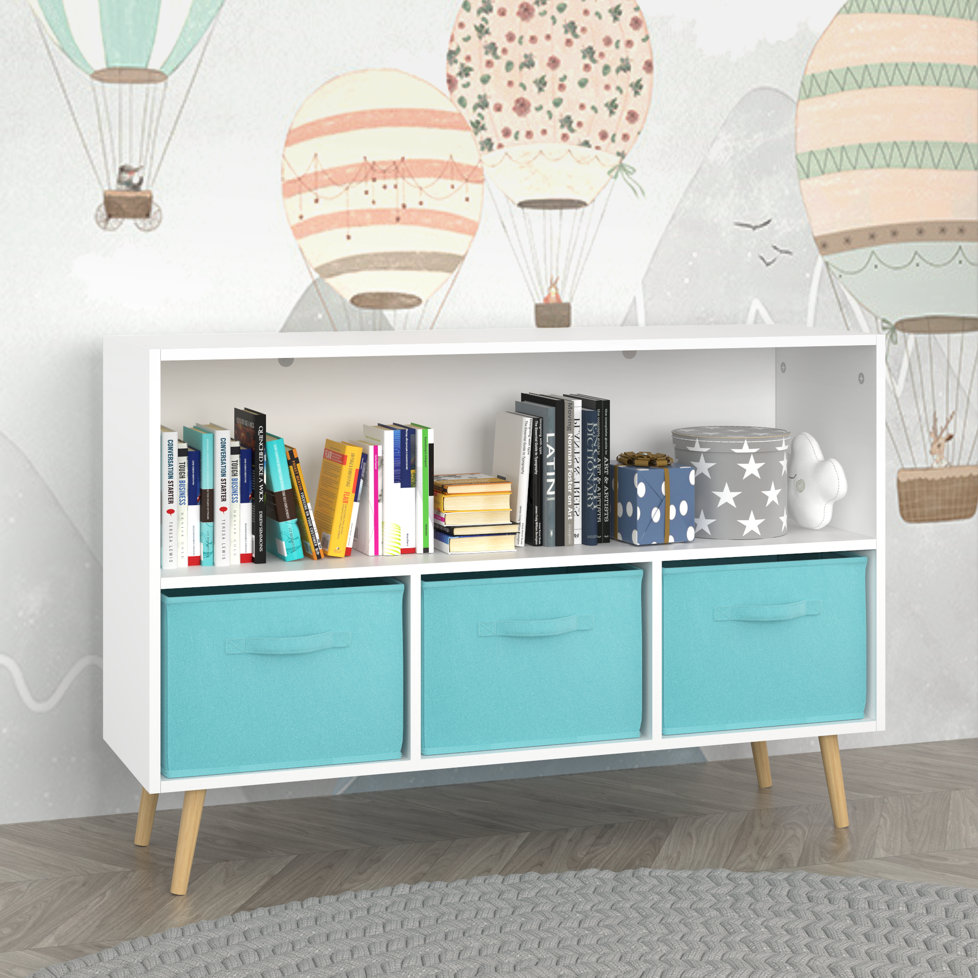 Kids bookcase with Collapsible Fabric Drawers, Children's Book Display, Toy Storage Cabinet Organizer, White/Blue - Grand Gol