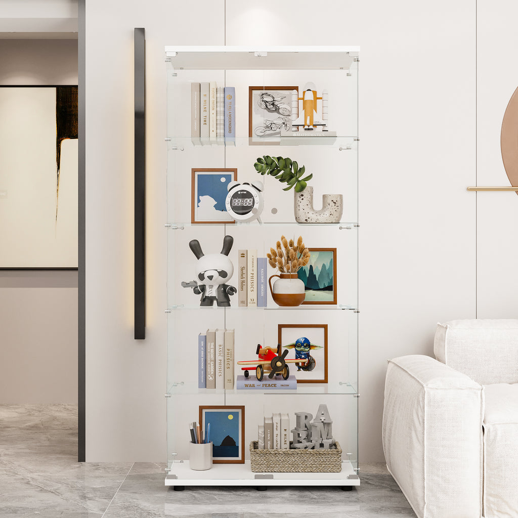 Glass Display Cabinet with 5 Shelves Double Door, Curio Cabinets for Living Room, Bedroom, Office, White Floor Standing Glass