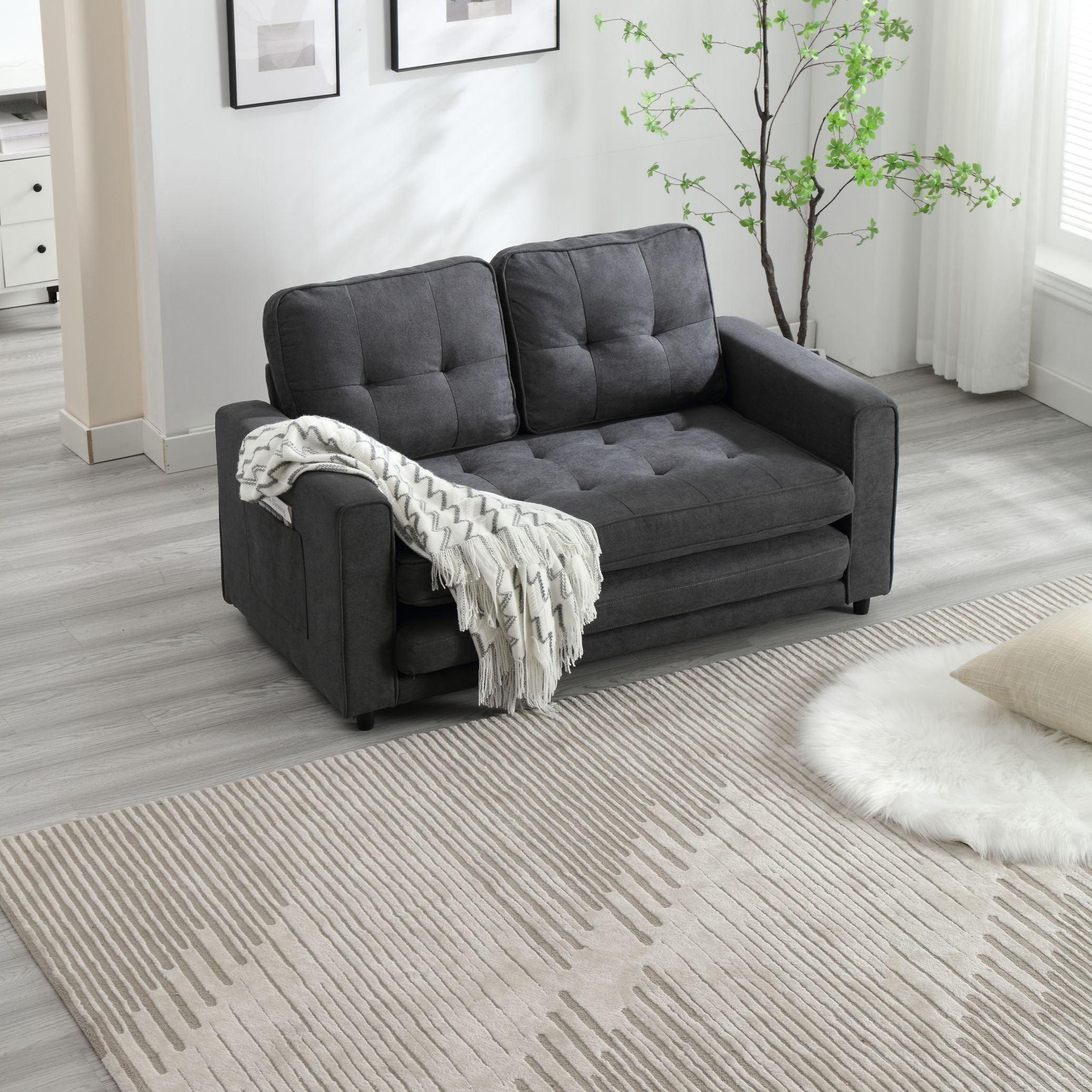 3 Fold Sofa,Convertible Futon Couch sleeper sofabed,Space saving loveseat,Pull Out Couch Bed for Living Room,Dark Gray & Light Gray & Beige,Velvet linen fabric - Grand Goldman Shop
