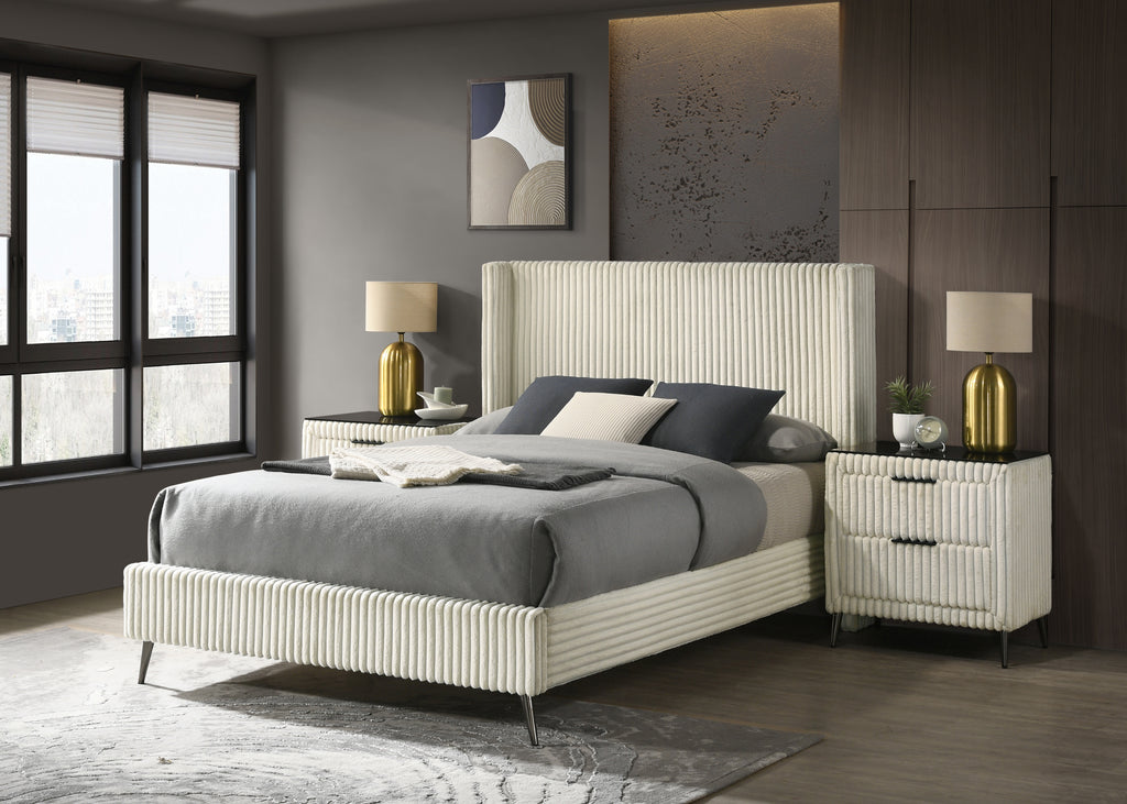 Mavela Wide Wale Corduroy Upholstery Panel Queen Bed with 2 Nightstands, Cream - Grand Goldman Shop