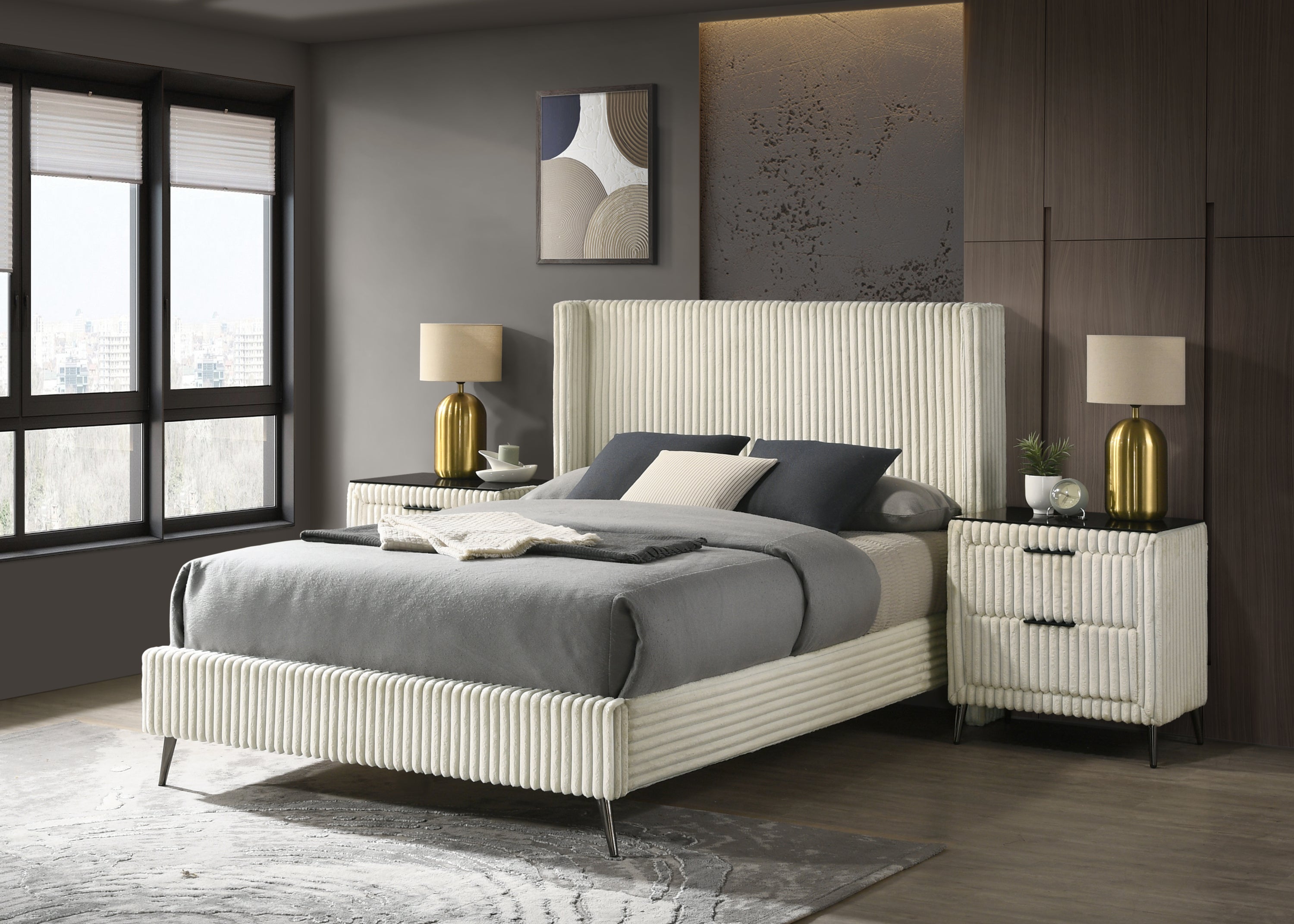 Mavela Wide Wale Corduroy Upholstery Panel Queen Bed with 2 Nightstands, Cream - Grand Goldman Shop