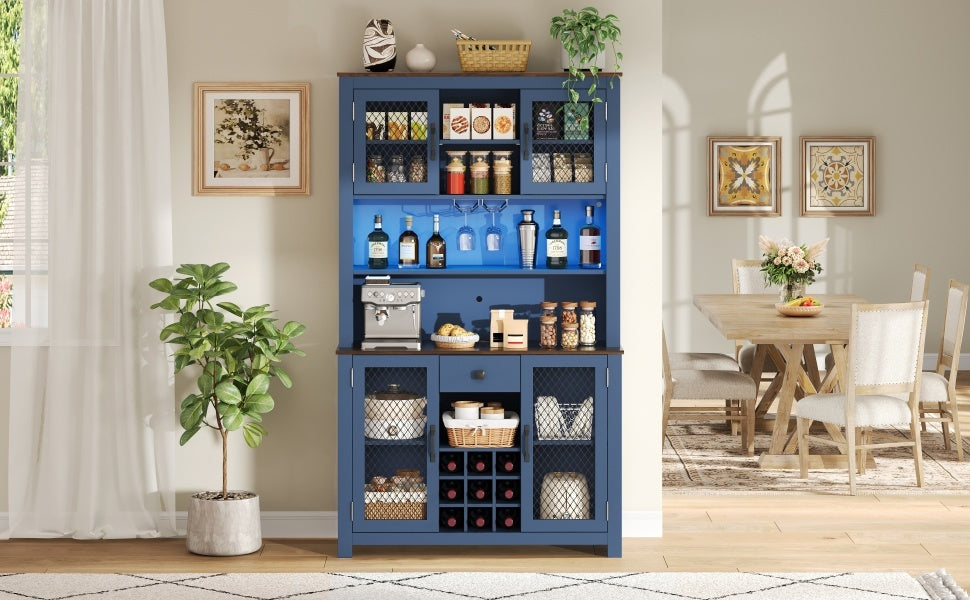 70.9' Kitchen Pantry Storage Cabinet Rustic Buffet Cabinet, Kitchen Hutch Cabinet with LED Outlets Food Pantry Cabinet with Doors and Shelves Wine Rack for Dining Room, Navy Blue - Grand Goldman Shop