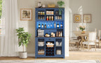70.9' Kitchen Pantry Storage Cabinet Rustic Buffet Cabinet, Kitchen Hutch Cabinet with LED Outlets Food Pantry Cabinet with Doors and Shelves Wine Rack for Dining Room, Navy Blue - Grand Goldman Shop