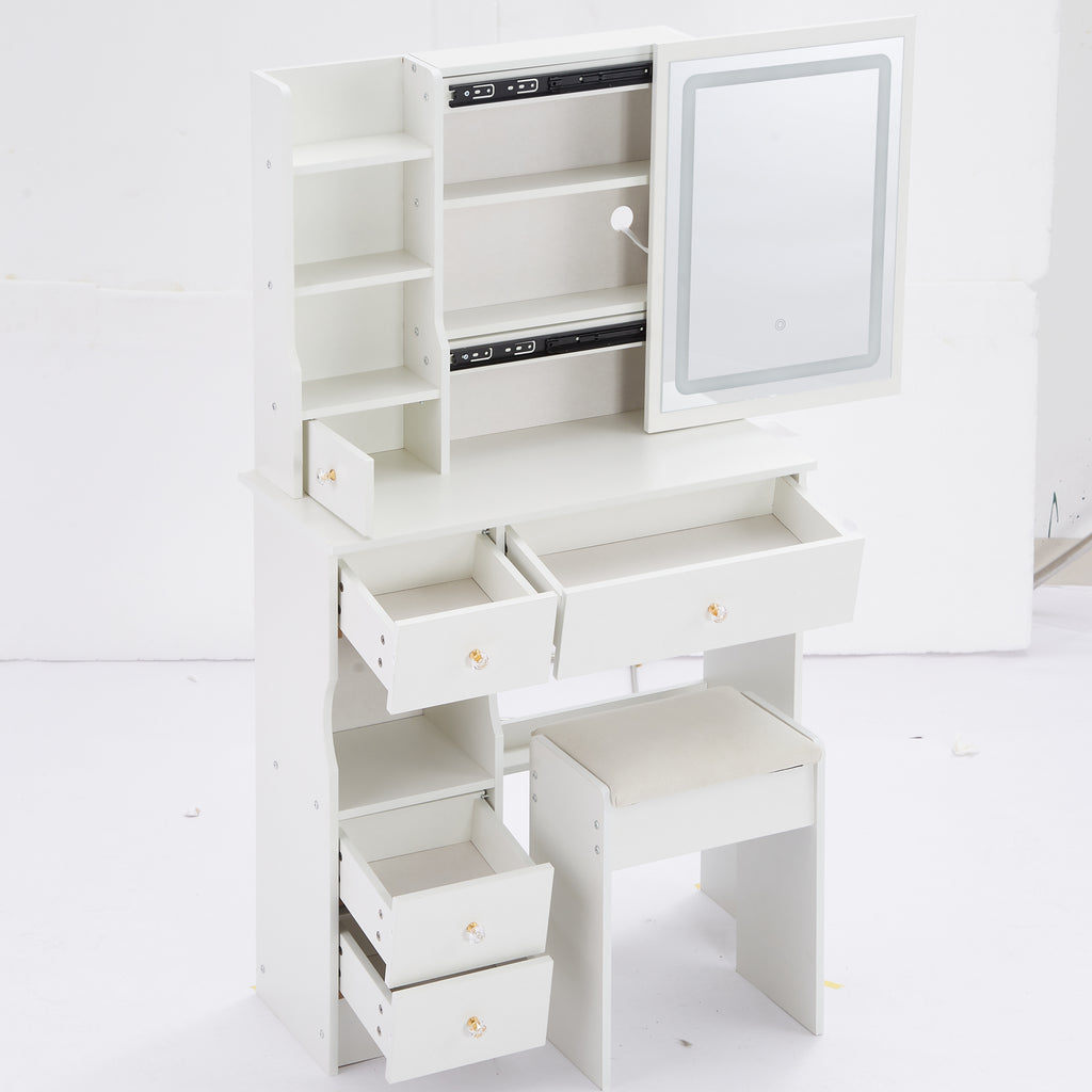 29.2' Small Size Drawer Desktop Vanity Table + Cushioned Stool, 2 AC+2 USB Power Station, Hair dryer bracket, Extra Large Touch Control Sliding LED Mirror, 3-color Switching, EPA, GCC, UL Certificate - Grand Goldman Shop