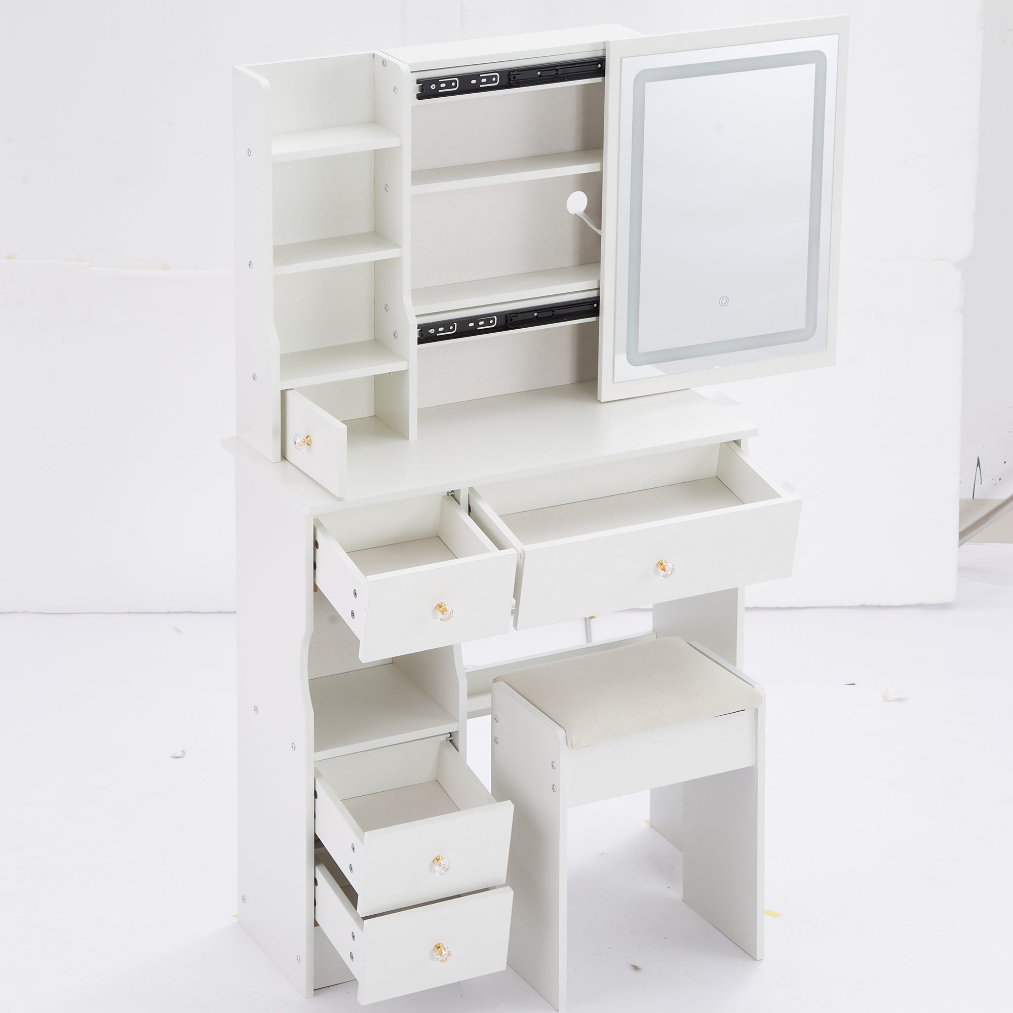 29.2' Small Size Left Drawer Desktop Vanity Table + Cushioned Stool, 2 AC+2 USB Power Station, Hair dryer bracket, Extra Large Touch Control Sliding LED Mirror, Tri-color Switching, Brightness Adjust - Grand Goldman Shop