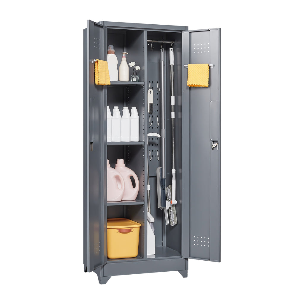 Grey Heavy Duty Metal Storage Cabinet with Locking Doors, Hanging Rod & Shelves, 65' H Broom Closet for Garage or Basement | 