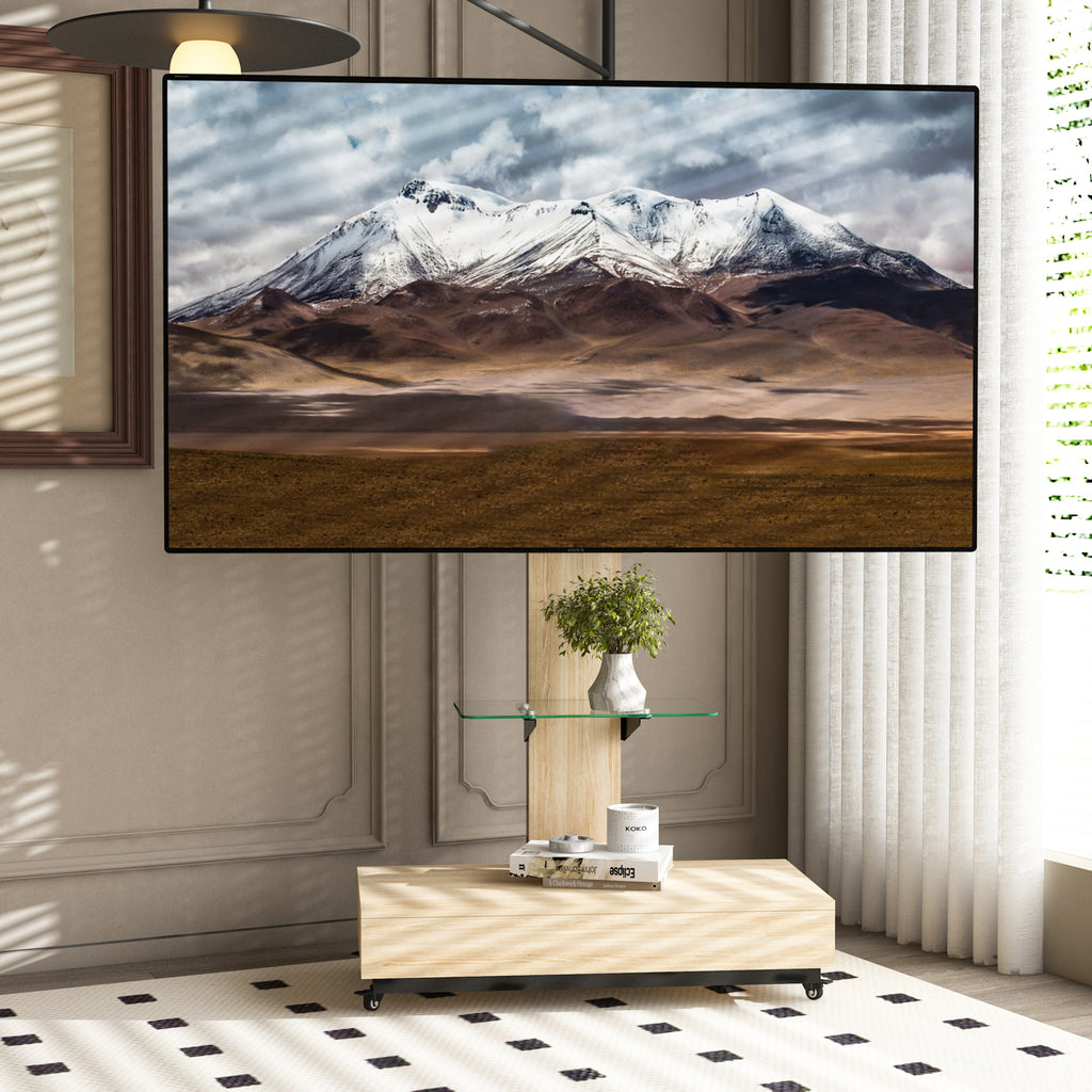 Natural Adjustable Height Mobile TV Cart with Push-Pull Drawer for 32-75 Inches, Wood & Glass TV Stand with Wheels - Grand Goldman Shop