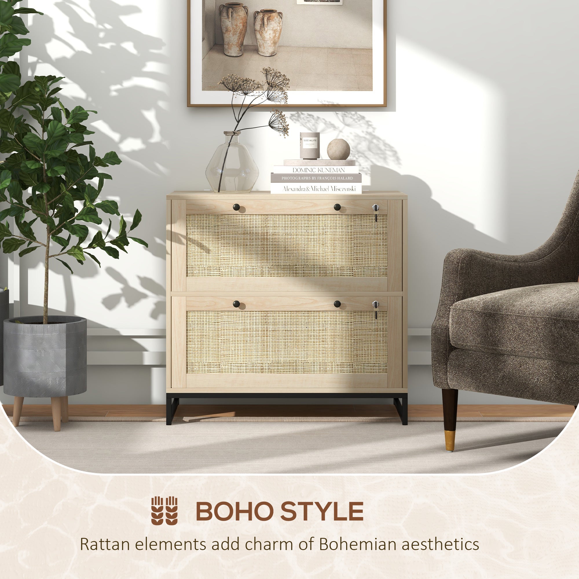 Vinsetto 2 Drawer File Cabinet with Lock, Vertical Filing Cabinet with Keys, Rattan Drawers and Adjustable Hanging Bar for Le