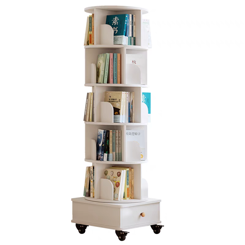 Rotating Bookshelf with Drawer, 360 Display 6 Tier Corner Bookshelf for Small Space, Floor Standing Bookcase Storage Rack, Wood Narrow Organizer for Bedroom, Living Room (WHITE) - Grand Goldman Shop