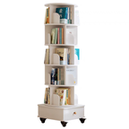 Rotating Bookshelf with Drawer, 360 Display 6 Tier Corner Bookshelf for Small Space, Floor Standing Bookcase Storage Rack, Wood Narrow Organizer for Bedroom, Living Room (WHITE) - Grand Goldman Shop