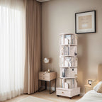Rotating Bookshelf with Drawer, 360 Display 6 Tier Corner Bookshelf for Small Space, Floor Standing Bookcase Storage Rack, Wood Narrow Organizer for Bedroom, Living Room (WHITE) - Grand Goldman Shop
