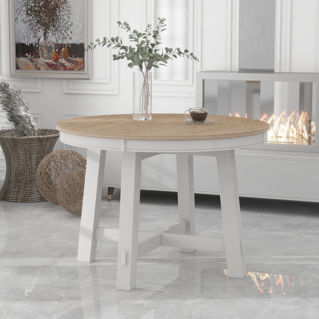 TREXM Farmhouse Round Extendable Dining Table with 16' Leaf Wood Kitchen Table (Oak Natural Wood + Antique White) - Grand Goldman Shop