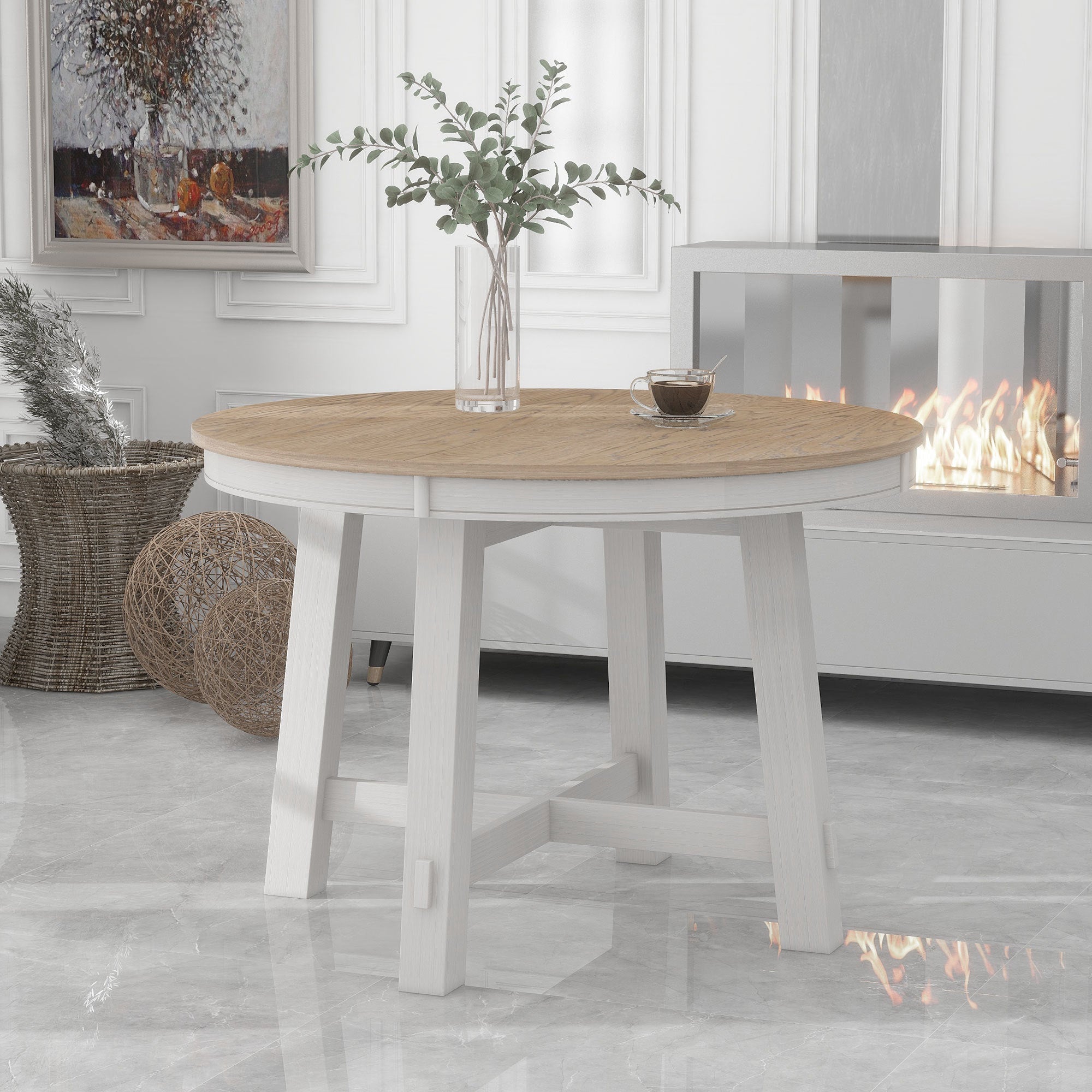 TREXM Farmhouse Round Extendable Dining Table with 16' Leaf Wood Kitchen Table (Oak Natural Wood + Antique White) - Grand Goldman Shop