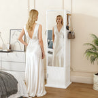 360° Rotating White Makeup Cabinet with Full-Length Mirror, Jewelry Storage, Coat Rack, 4 Open Shelves, 2 Built-In Shelves, MDF and Glass - Grand Goldman Shop