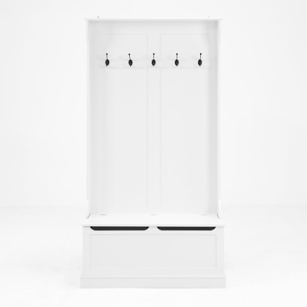 Entryway Bench with Standing Coat Rack, Hall Tree with Shoe Storage Bench, Entryway Organizer with 5 Hooks, White - Grand Goldman Shop