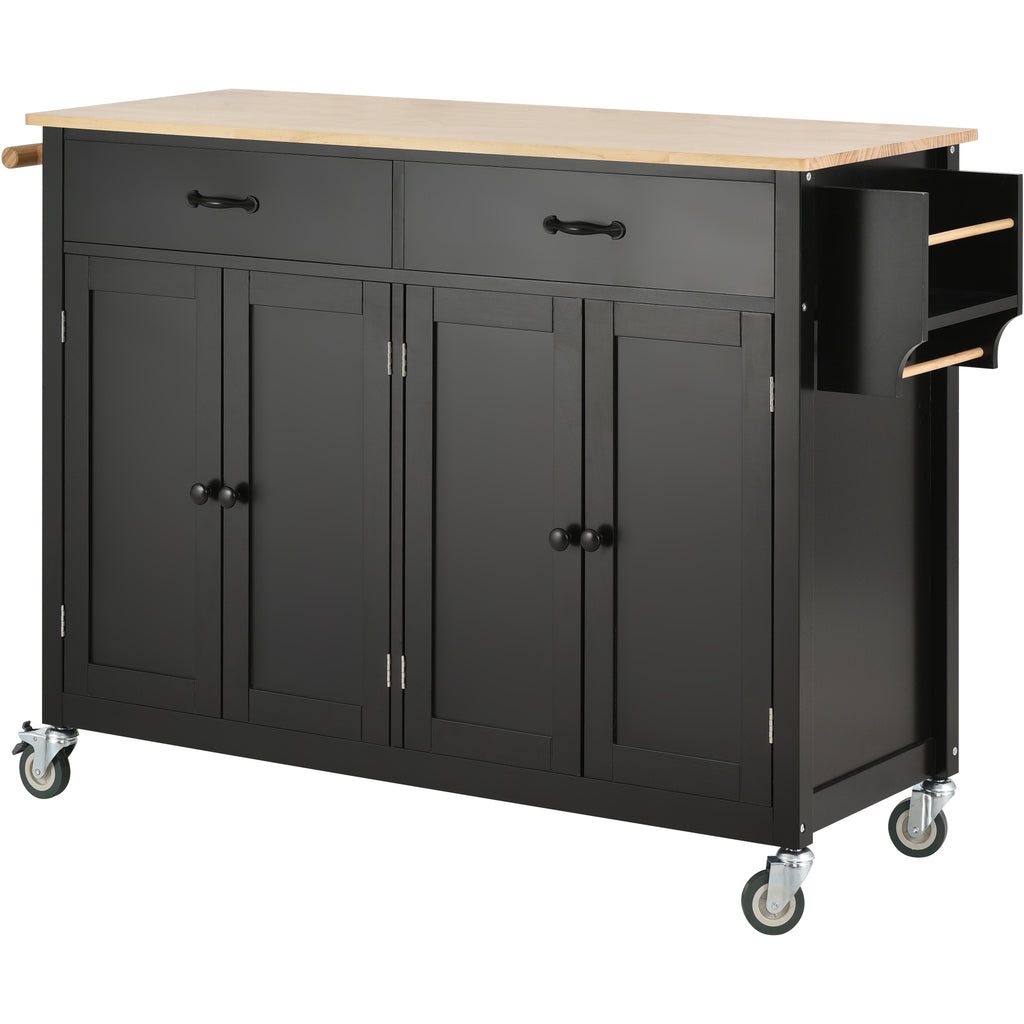 Kitchen Island Cart with Solid Wood Top and Locking Wheels,54.3 Inch Width,4 Door Cabinet and Two Drawers,Spice Rack, Towel Rack (Black) - Grand Goldman Shop
