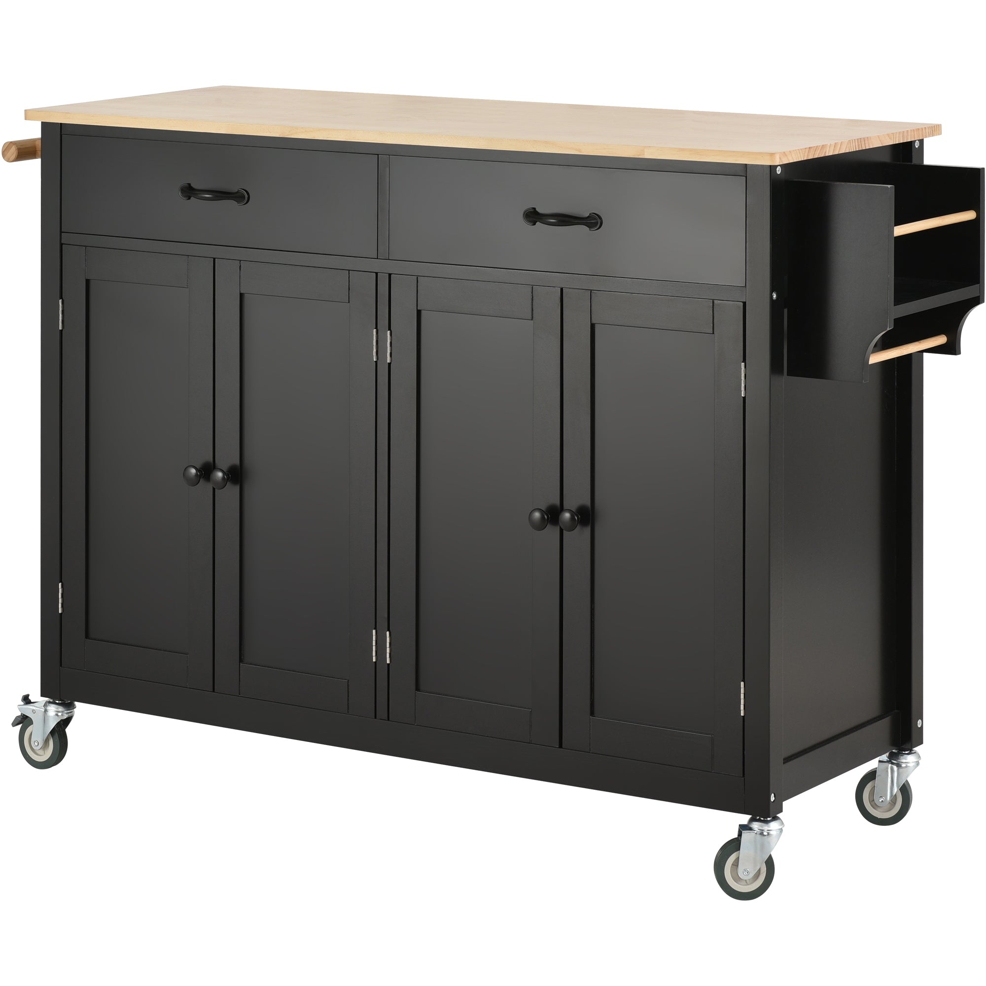 Kitchen Island Cart with Solid Wood Top and Locking Wheels,54.3 Inch Width,4 Door Cabinet and Two Drawers,Spice Rack, Towel Rack (Black) - Grand Goldman Shop
