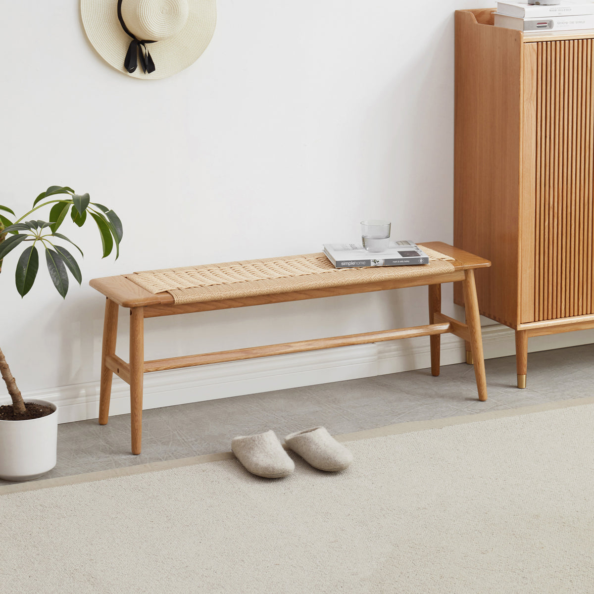 (1.2M) Woven Design Natural Oak Wood Dining Bench Bed Bench for Dining Room, Bedroom, Bathroom - Grand Goldman Shop