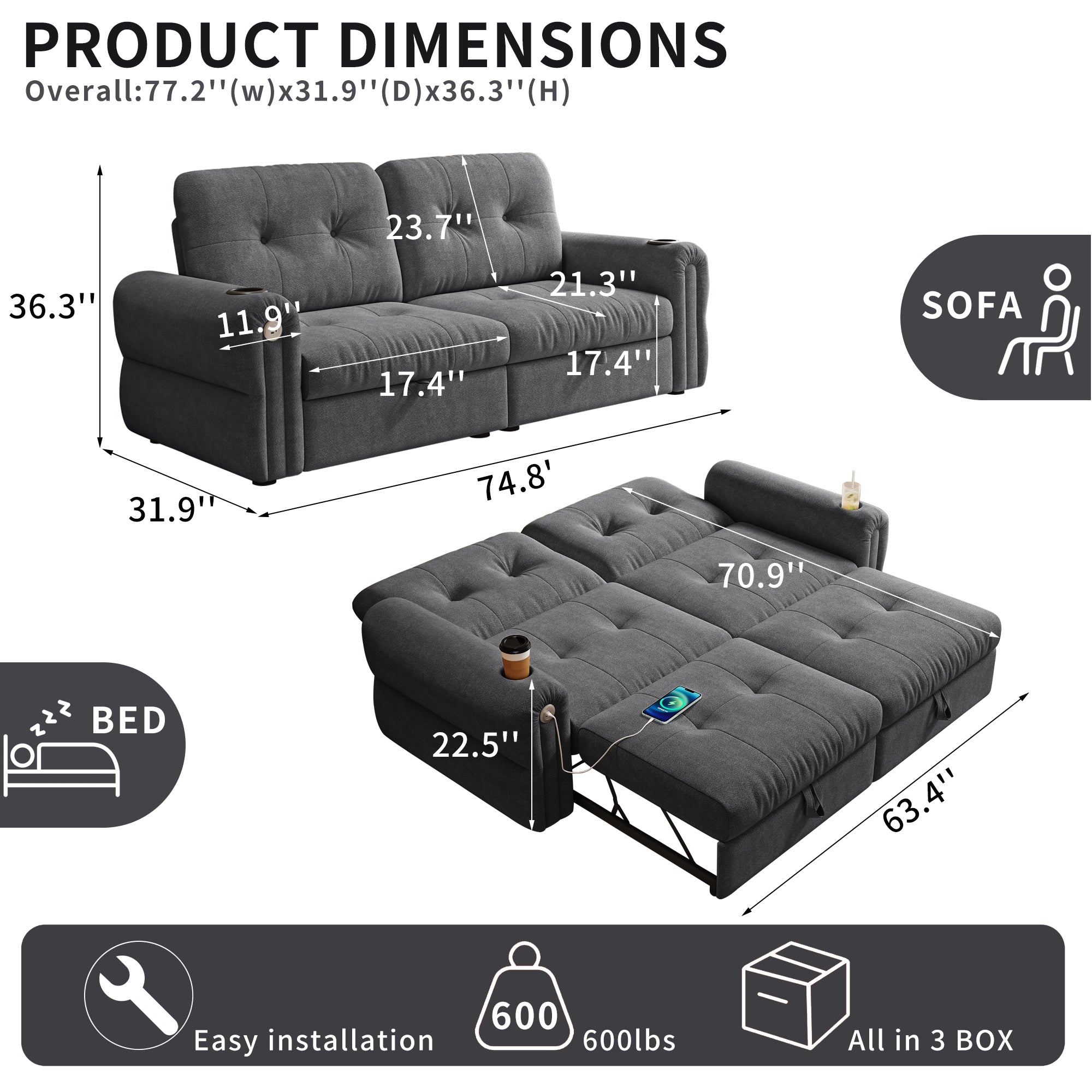 It is a multi-functional sofa, a 77-inch convertible sofa bed, and a 2-in-1 piece suitable for both sitting and lying down. Made of  Chenille fabric, it is suitable for living rooms, bedrooms - Grand Goldman Shop