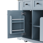 K&K 53inch Large Kitchen Island with 2 Bar Stools,Power Outlet,Door Internal Storage Rack,Kitchen Storage Cart on 5 Wheels with Drop Leaf,5 Open Side Racks,3 Drawers,Grey Blue (Three Packages) - Grand Goldman Shop