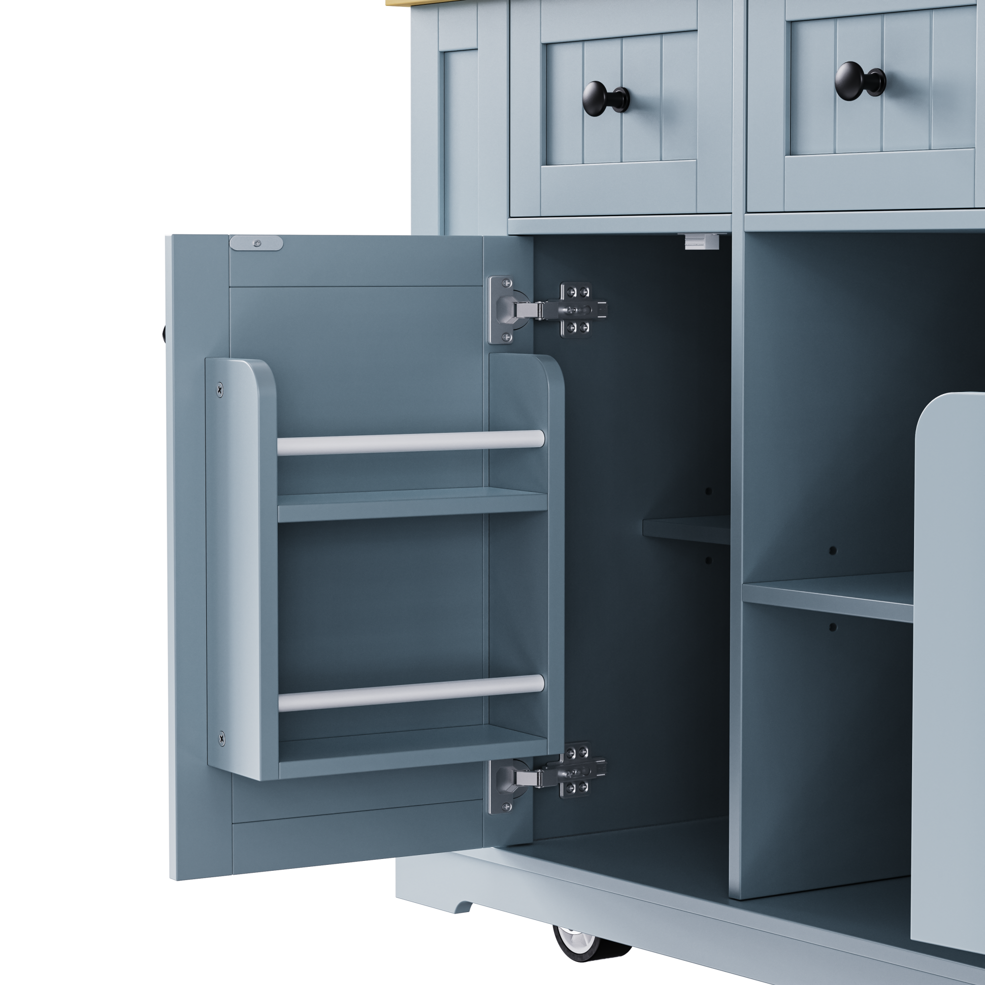 K&K 53inch Large Kitchen Island with 2 Bar Stools,Power Outlet,Door Internal Storage Rack,Kitchen Storage Cart on 5 Wheels with Drop Leaf,5 Open Side Racks,3 Drawers,Grey Blue (Three Packages) - Grand Goldman Shop
