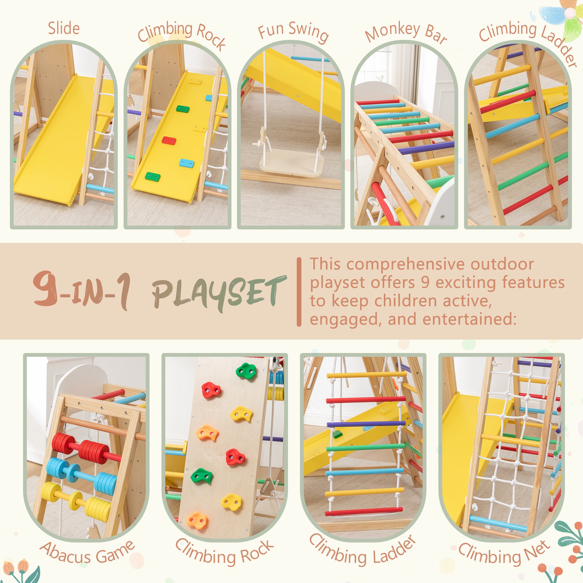 9-in-1 Foldable Kids Climbing Frame & Slide, Wooden Toddler Playground with Swing, Monkey Bars, Climbing Rock, Abacus Game – 
