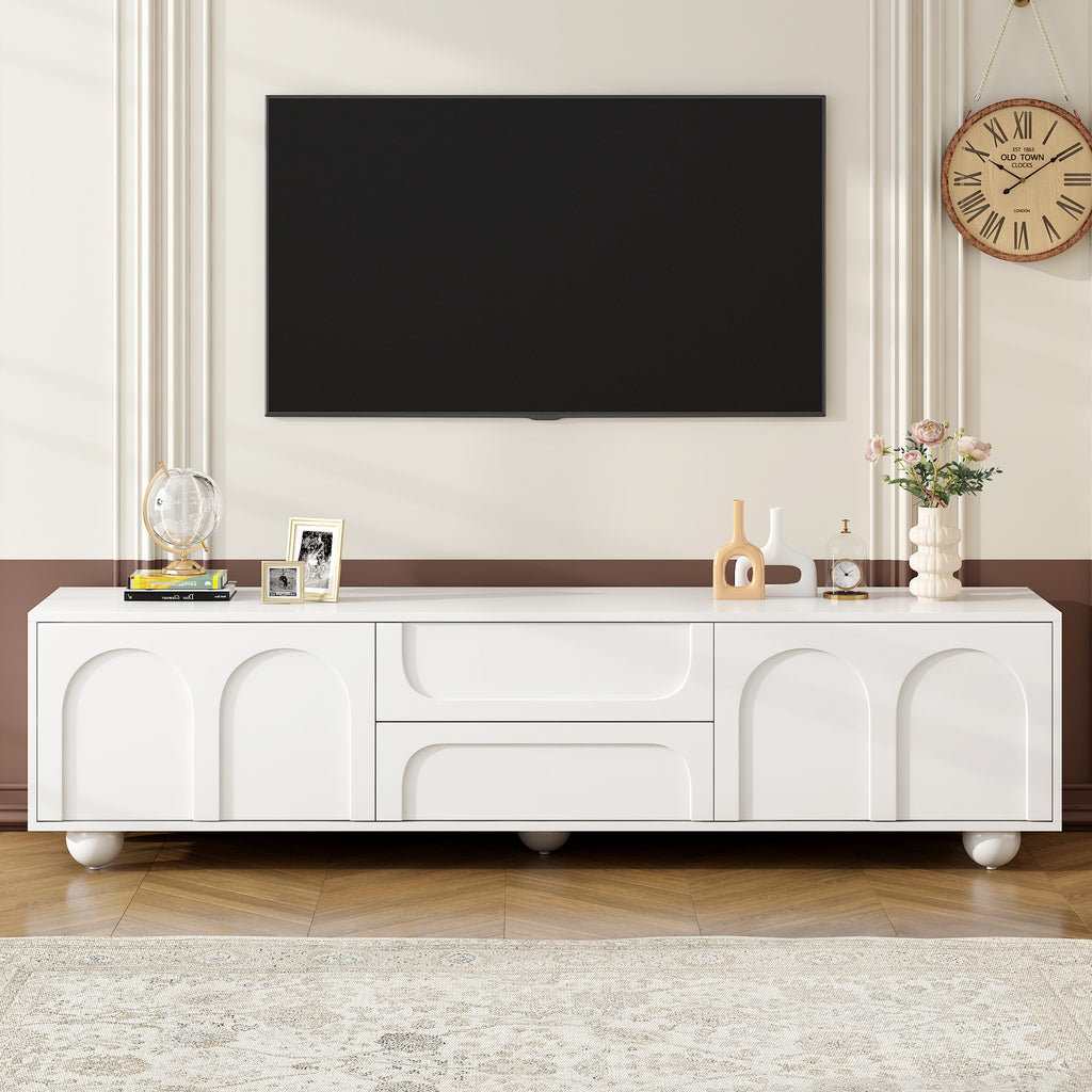 ON-TREND Cream Style TV Stand with Arched Doors & 2 Drawers for TVs up to 75', Minimalist Media Console with Rebound Device, Entertainment Center with 5 Iron Round Legs for Living Room, Bedroom, White - Grand Goldman Shop