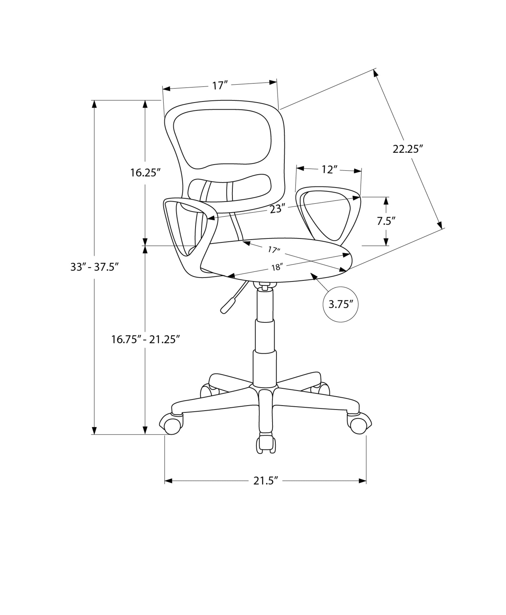 Office Chair, Adjustable Height, Swivel, Ergonomic, Armrests, Computer Desk, Work, Juvenile, Grey Mesh, Black Metal, Contempo