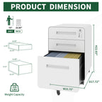 3-Drawer Wide Mobile File Cabinet with Lock, All-Steel Metal Storage Cabinet on Casters, White, Fully Assembled, Holds A4/Let