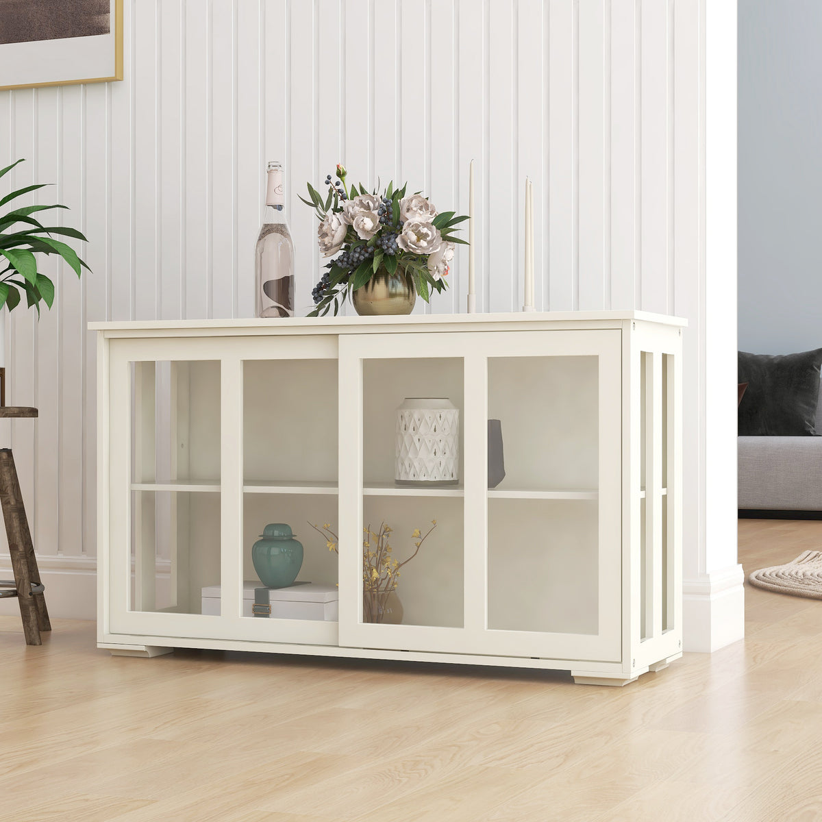 Kitchen Storage Stand Cupboard With Glass Door-White - Grand Goldman Shop