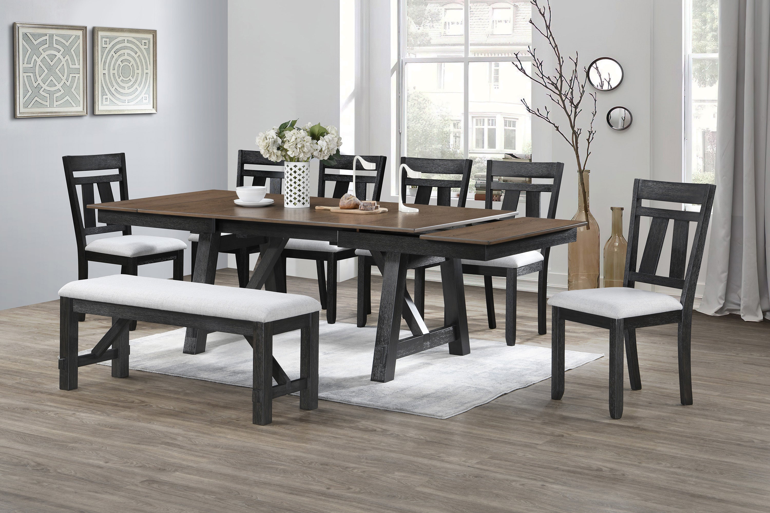 Cottage Style 1pc Upholstered Seat Wheat Charcoal Finish Bench Dining Room Bedroom Wooden Furniture Standard Height - Grand Goldman Shop