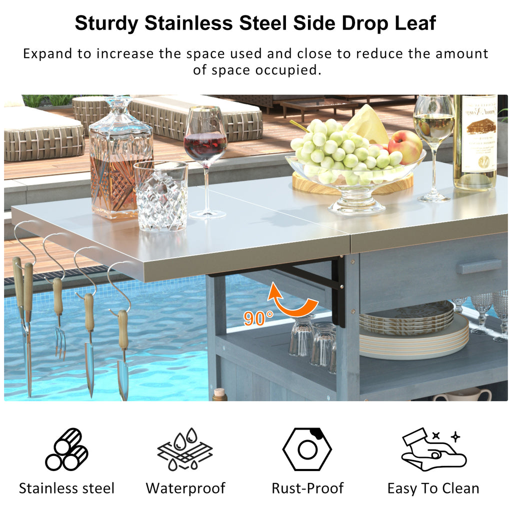 K&K 40.5' Outdoor Grill Cart with Stainless Steel Top, Solid Wood Outdoor Storage Cabinet with Drop Leaf, One Drawer, Towel Rack, Rolling Kitchen Cart with Lockable Wheels for Lawn Garden, Blue Grey - Grand Goldman Shop