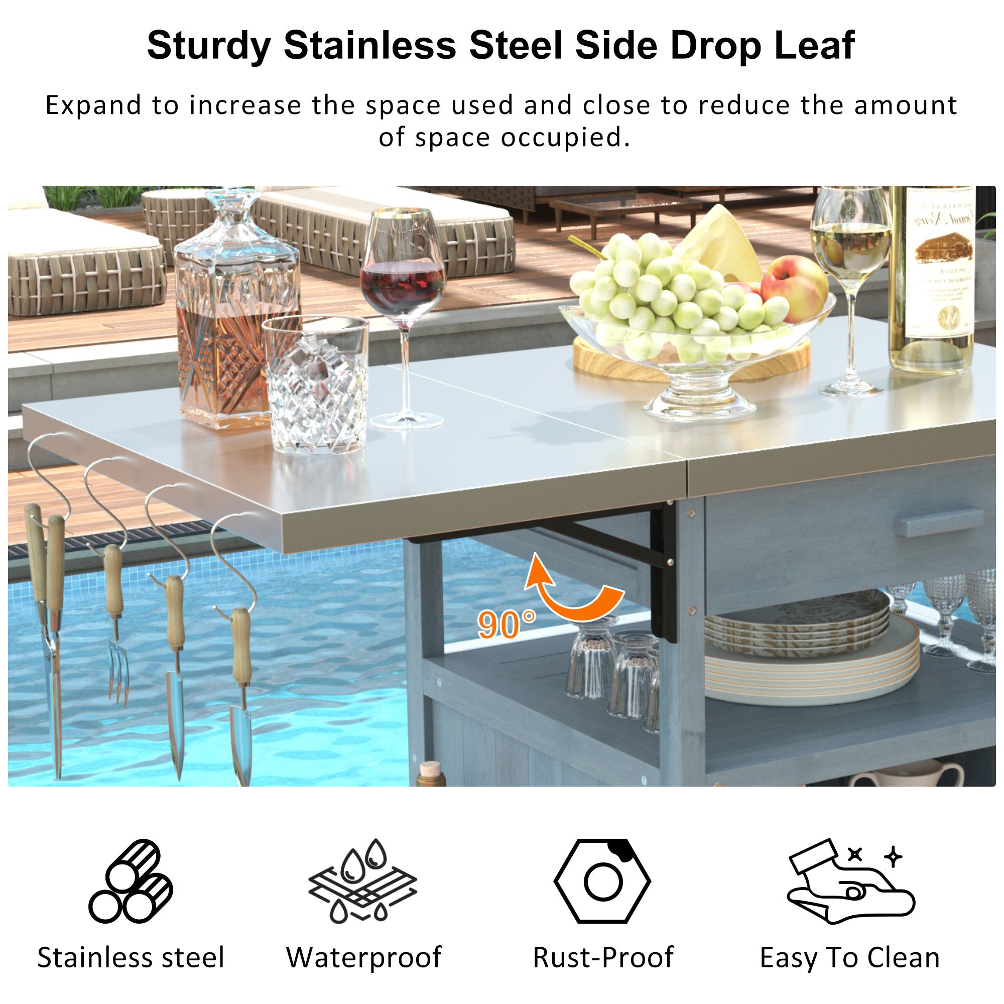 K&K 40.5' Outdoor Grill Cart with Stainless Steel Top, Solid Wood Outdoor Storage Cabinet with Drop Leaf, One Drawer, Towel Rack, Rolling Kitchen Cart with Lockable Wheels for Lawn Garden, Blue Grey - Grand Goldman Shop