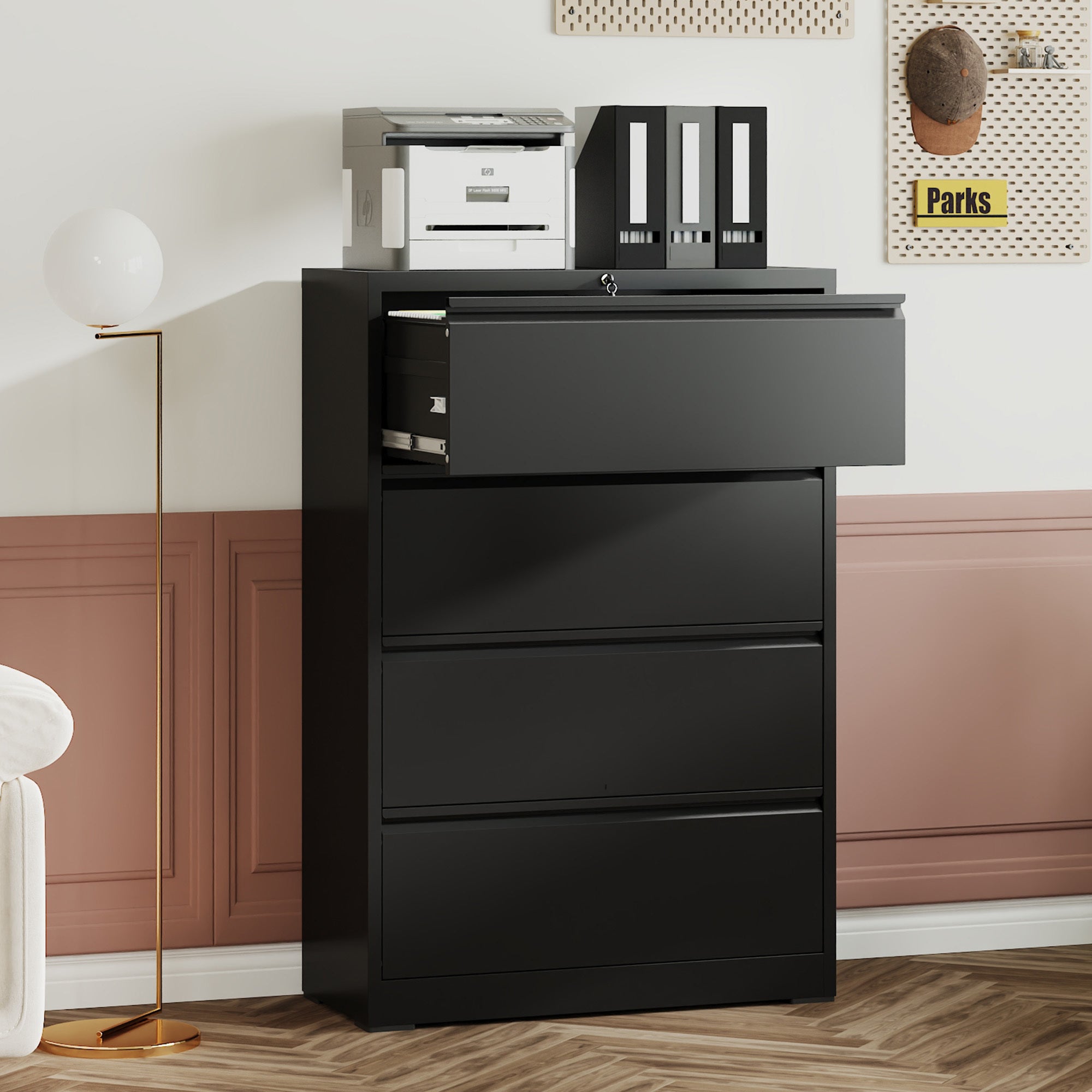 4 Drawer Lateral File Cabinet, Heavy Duty Metal Filing Cabinet in Black, Eco-Friendly Cold-Rolled Steel, 35.4 Inch Wide for H