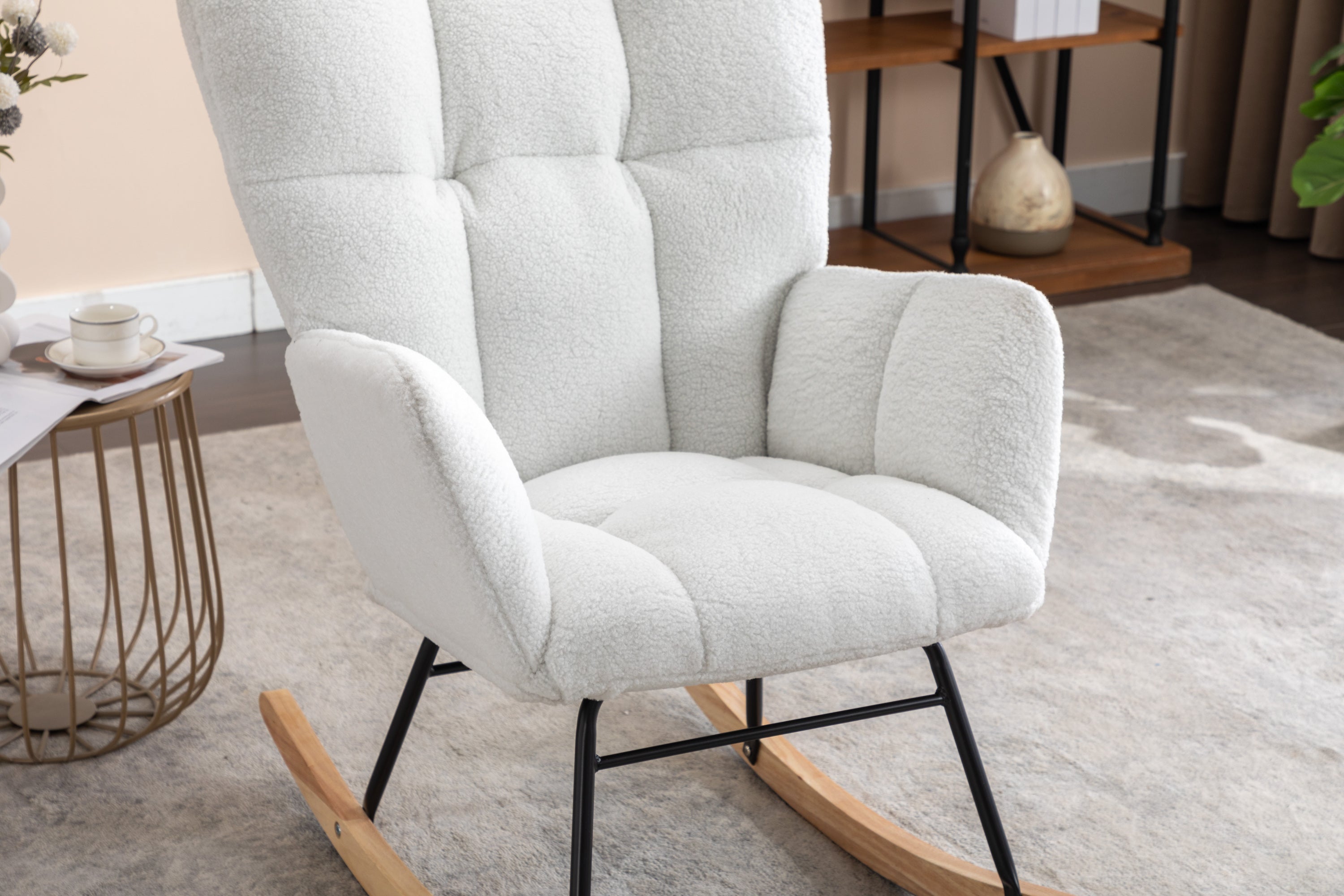 050-Teddy Fabric Rocking Gilder Nursery Chair For Living Room Indoor,Ivory - Grand Goldman Shop