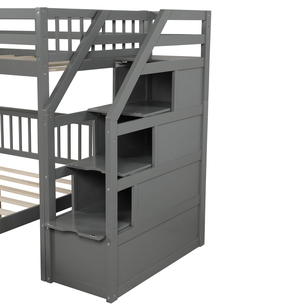 Gray Twin over Full Loft Bed with Staircase and Storage, Pine Wood and MDF, 97.2''L x 78.4''W x 61.4''H - Grand Goldman Shop