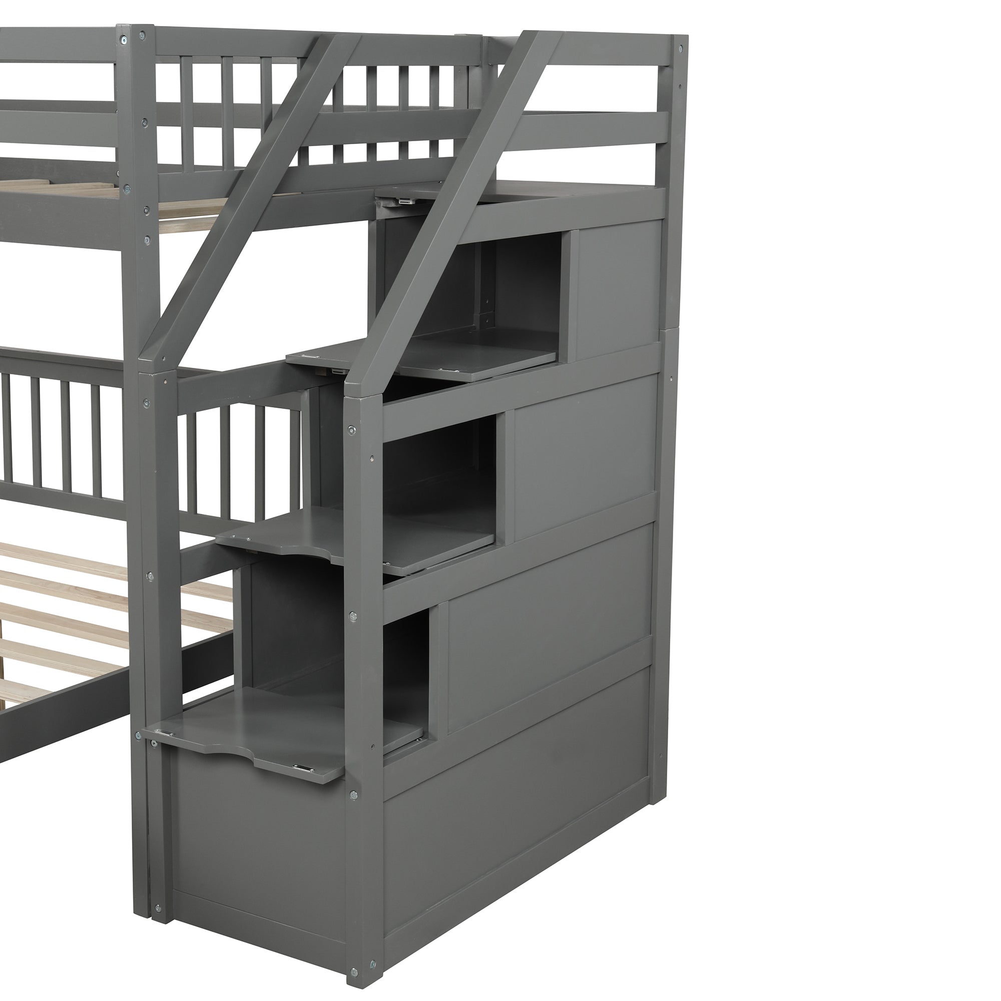 Gray Twin over Full Loft Bed with Staircase and Storage, Pine Wood and MDF, 97.2''L x 78.4''W x 61.4''H - Grand Goldman Shop