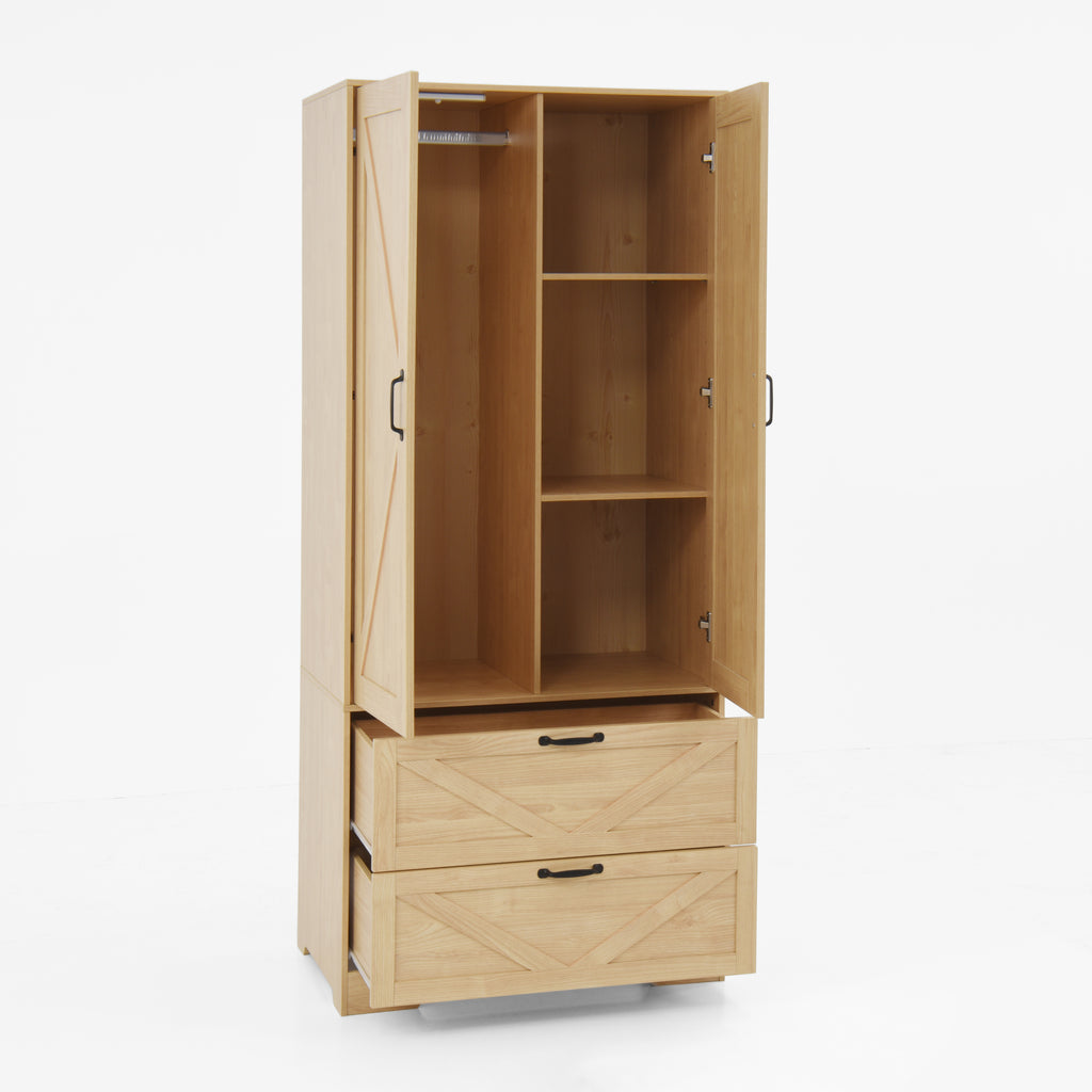 2 Door Wood Wardrobe for Bedroom with Hanging Clothing Rod inside the Cabinet and 2 Drawers for Storage Organization, Built-in induction light Multifunctional Closet with Mirror, Natural - Grand Goldman Shop
