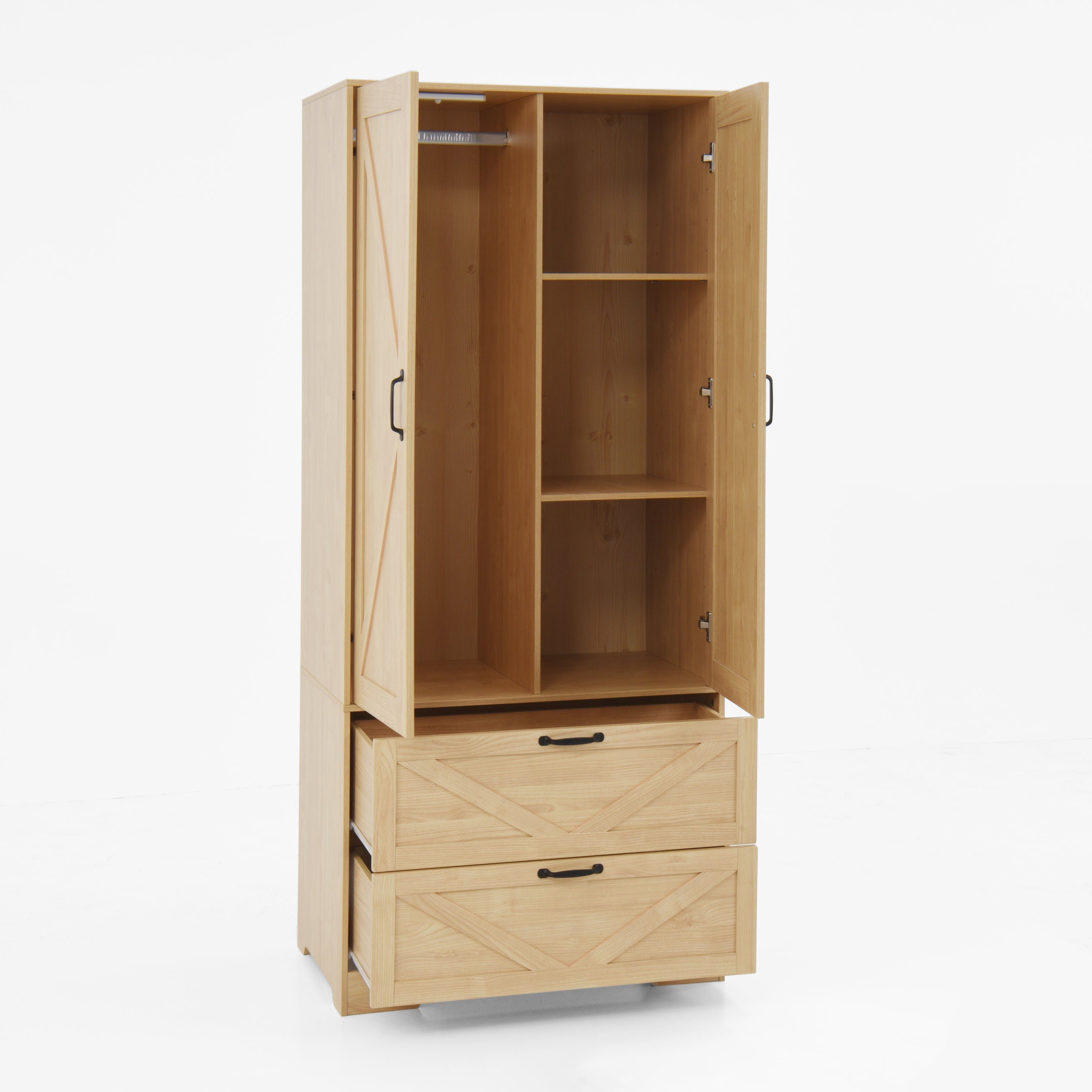 2 Door Wood Wardrobe for Bedroom with Hanging Clothing Rod inside the Cabinet and 2 Drawers for Storage Organization, Built-in induction light Multifunctional Closet with Mirror, Natural - Grand Goldman Shop