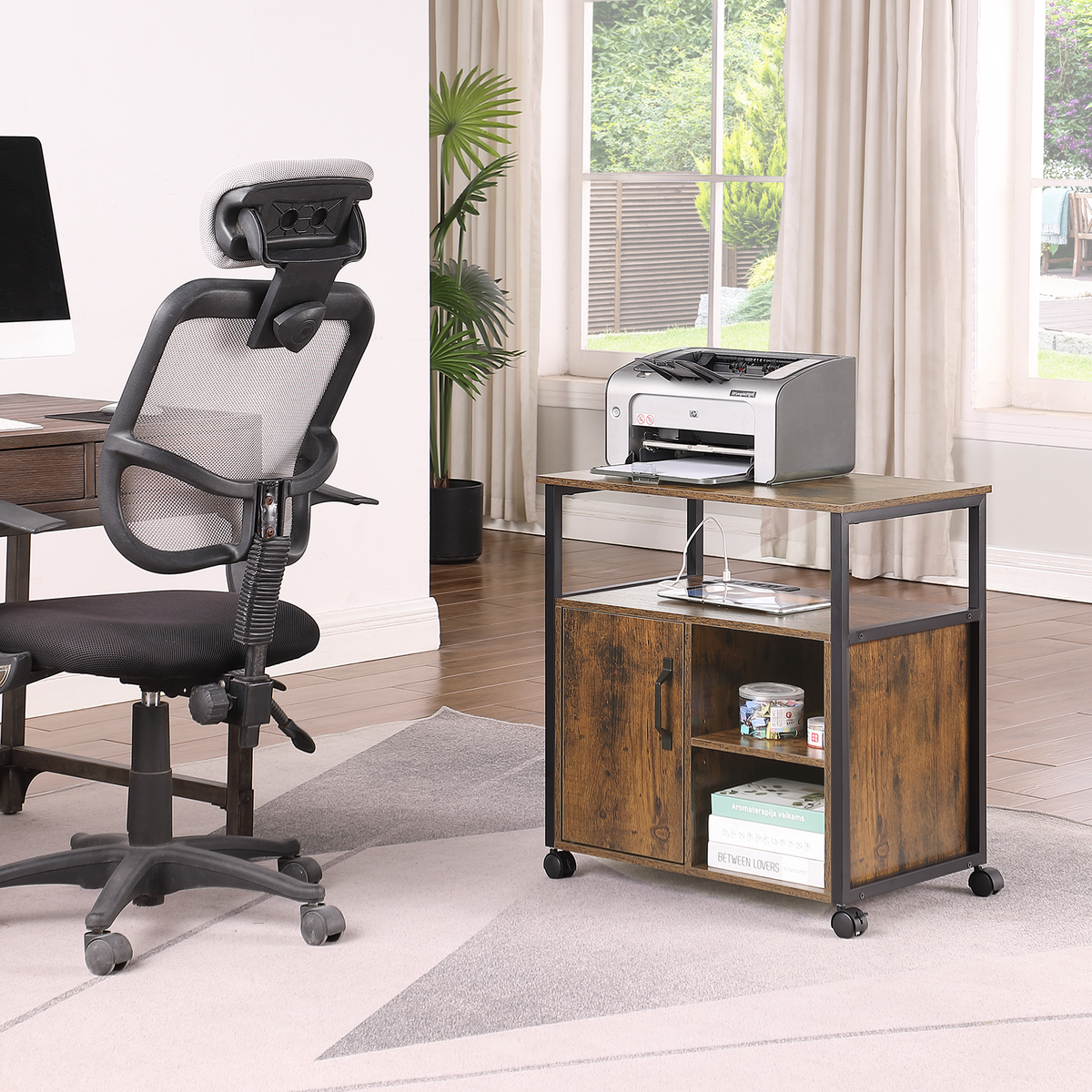File Cabinet,Office Filing Cabinets with Socket and USB Charging Port,Printer Stand with Storage for A4, Letter Size,Metal Si