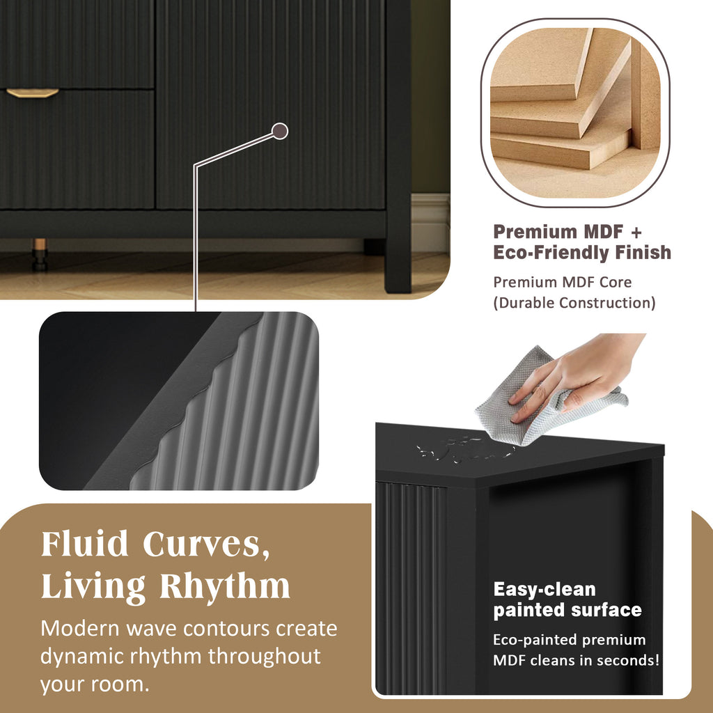U_STYLE Sideboard with Wave Design - 3 Adjustable Shelves, 3 Drawers & Soft-Close Doors, Storage Console Table with Metal Handles, Suitable for Study, Hallway and Living Room, 3 Colors - Grand Goldman Shop