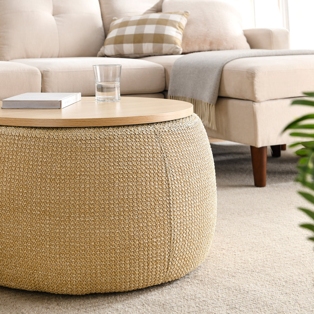 Round Storage Ottoman, 2 in 1 Function, Work as End table and Ottoman, Natural (25.5'x25.5'x14.5') - Grand Goldman Shop